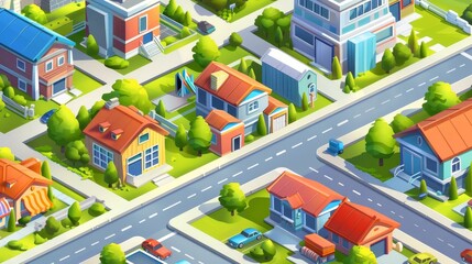 An urban architecture modern poster with exteriors of homes, businesses, warehouses and offices. An isometric fabric banner with a house and store.