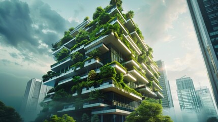 Obraz premium Sustainable green building in modern city.&nbsp;Green architecture.&nbsp;Eco&nbsp;-&nbsp;friendly building.&nbsp;Sustainable building with vertical garden reduce CO2.&nbsp;Futuristic building.&nbsp;Net zero emissions