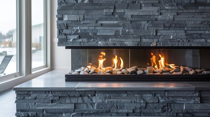 A unique feature of the modern fireplace is its floating hearth made of stacked stone perfectly...