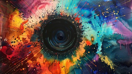 Watercolor abstraction with a black hole at the center, radiating lines and speckled light particles in vivid colors around a dark core