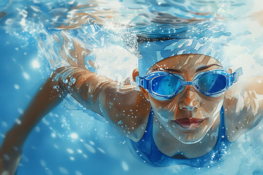Swimming sport illustration. Female swimmer under water and splash  water, banner for swimming competition