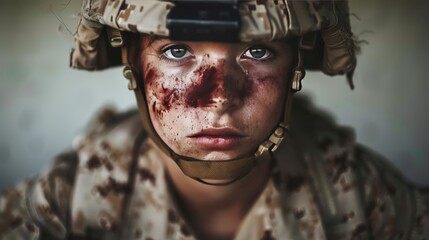 Close up portrait of fatigued military soldier, showing warrior s exhausted expression