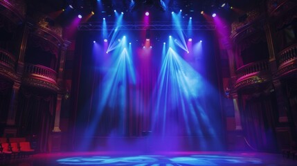 Obraz premium Theater stage light background with spotlight illuminated the stage for opera performance. Stage lighting. Empty stage with bright colors backdrop decoration. Entertainment show