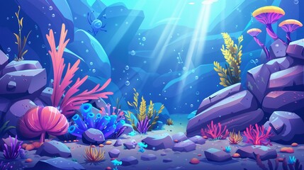 Fototapeta na wymiar The undersea life of a fantasy landscape with alien mushrooms, flowering plants and seaweed growing on rocks under a beam of sunlight is on a background with underwater plants. Cartoon modern