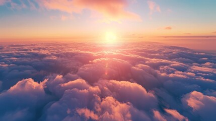 Beautiful sunset cloudy sky from aerial view. Airplane view above clouds - Powered by Adobe