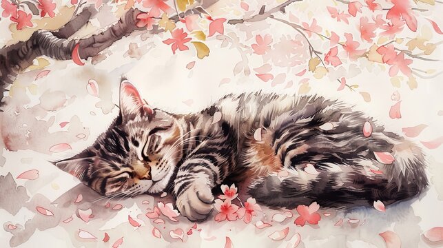 Watercolor of a cute cat lounging under a cherry blossom tree, petals fluttering around as a soft spring breeze blows