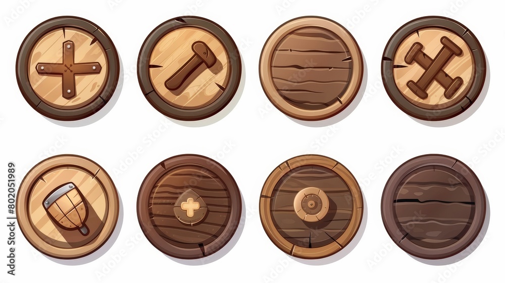 Poster this set of ui elements from brown timber with signs on a white background features circle buttons w