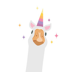 Cute cartoon goose with rainbow unicorn horn and ears. Magic goose. Vector isolated illustration.