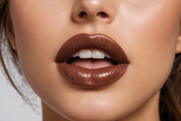 Naklejka premium A beautiful woman's lips with brown lipstick. close up shot. glossy lips.