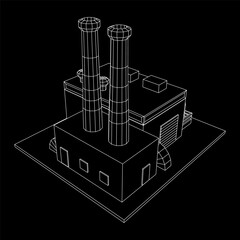 Industrial factory. Plant or Factory Building. Manufacturing building. Wireframe low poly mesh vector illustration.
