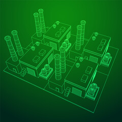 Industrial factory. Plant or Factory Building. Manufacturing building. Wireframe low poly mesh vector illustration.
