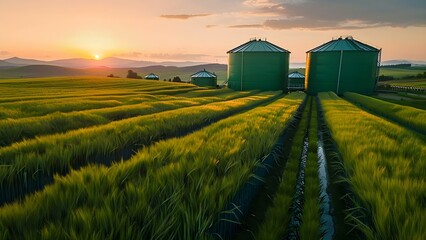 Green biofuel storage tanks in a wheat field for ecofriendly fuel. Concept Green Energy, Biofuel, Sustainable Agriculture, Eco-friendly Technology, Renewable Energy