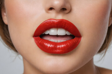 Obraz premium A beautiful woman's lips with red lipstick. close up shot. glossy lips.