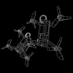 FPV Drone Racing freestyle sport flight. Hobby toys. Wireframe low poly mesh vector illustration.
