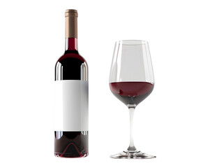 wine bottle with blank label and wine glass filled on transparent background