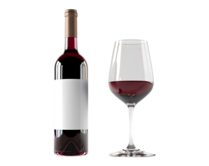 wine bottle with blank label and wine glass filled on transparent background