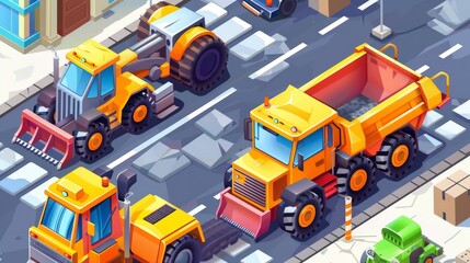 An isometric banner with transport vehicles, street cleaners, rollers, tractors and forklifts. Modern flat illustration of construction machines, street cleaners, bulldozers, steamrollers and - obrazy, fototapety, plakaty