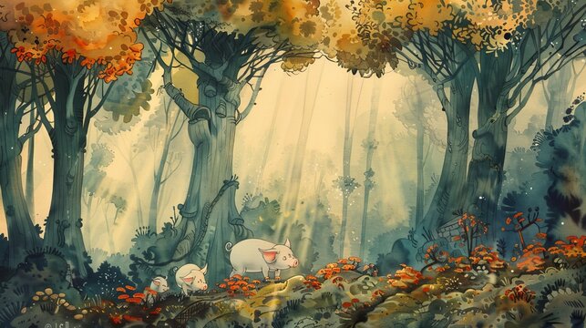 Whimsical watercolor of three pigs exploring a forest, the background filled with stylized trees and soft, misty atmospherics