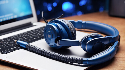 A pair of blue headphones are resting on a laptop keyboard