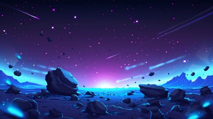The surface of a planet is covered with blue glowing spots and rocks. Modern illustration of the surface of a planet with flying stones and blue rocks.