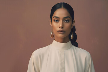 Editorial style minimal ethnic fashion portrait of an Indian female model in earthen colour theme