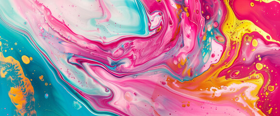 Vibrant swirls of magenta, cyan, and gold dance across a canvas, creating an explosion of abstract energy.