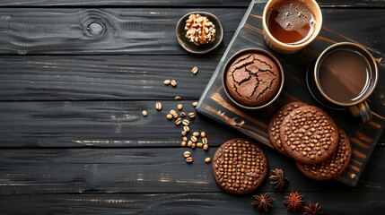 Boards with tasty hojicha cookies on black wooden background