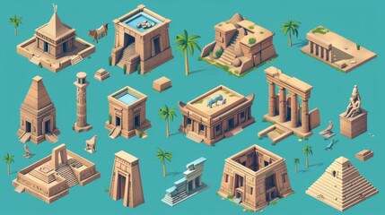 Symbols of ancient Egyptian architecture, isometric egyptian buildings and mosques, stone temples with pillars and statues on the background. Modern set of old Egyptian architecture.
