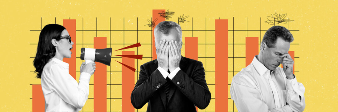 Composite sketch collage of panorama horizontal colleagues office manager boss lady talk loudspeaker two man stand sad bad mood low stats