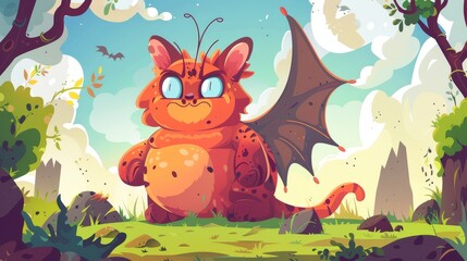 This cute monster cat resides in a magical forest landscape or a fantasy planet landscape. Funny little fluffy character with a fairy wing and antennas. Strange animal, kitten Halloween creature.