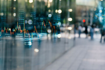 stock market graph line with blur city street background