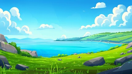 This modern illustration shows a summer landscape with a lake, green fields, and rocks. There is a river or sea strait with blue water and an empty coast visible on the horizon.
