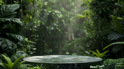 A stone table is set in the midst of lush greenery in a forest setting. Background. Wallpaper. Copy space, podium product platform.