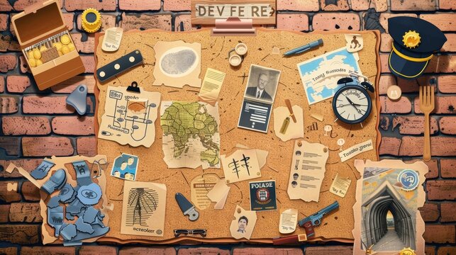A detective board displaying evidence of a crime. A police investigation plan. A modern cartoon set of cork pin boards with a picture of a suspect and missing people, a car plate, fingerprints and a