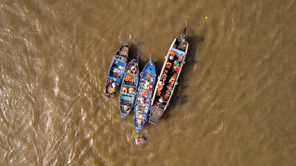 Top-down view of View of Cai Rang Floating market in Can Tho Vietnam Mekong river Delta
