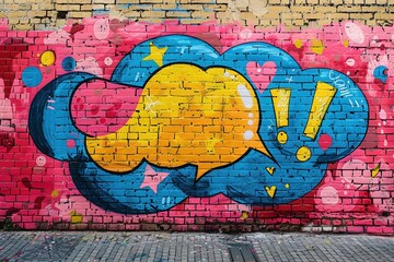 Speech and thought bubbles in a colorful graffiti style adorn a flat concrete wall.
