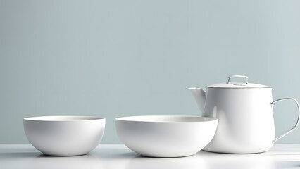 A white tea set with a white tea pot and three white bowls