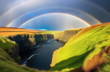Obraz premium Sweeping views of a dramatic cliffside under a brilliant double rainbow