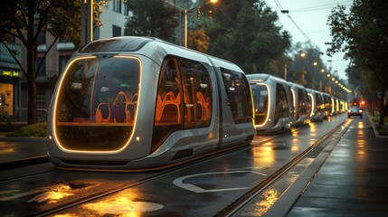 A modern tram rides along city streets