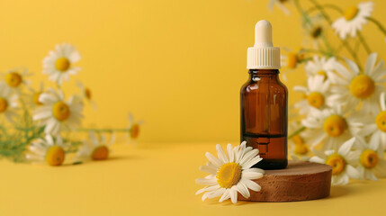Fototapeta na wymiar Bottle of essential oil on podium and chamomile flower