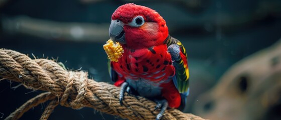The rosella parrot sits on a rope and holds a piece of corn in its beak.