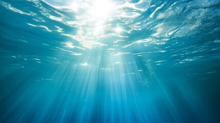 Fototapeta premium Sun shining through water creates electric blue hues underwater