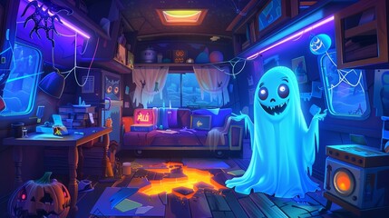 A cartoon Halloween character inside an abandoned camping trailer car with broken furniture and spider webs. Funny spook, fantasy monster, modern illustration.