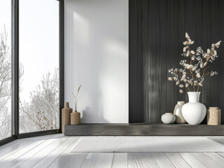 Sophisticated modern interiors with natural wood elements and chic decor.
