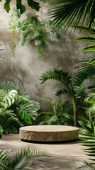 Room filled with various vibrant green plants, creating a lush and thriving indoor garden setting, palm, podium product, copy space