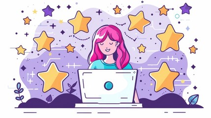 Customer review and rating doodle landing page. Female user sits at her laptop giving online feedback for online services. Client experience, ranking stars, 1 to 5 star rating, linear modern banner.