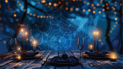 Halloween table setting with spiders web on wooden