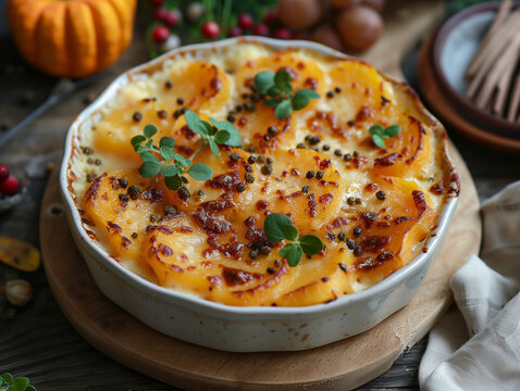 Gratin maison &agrave; la courge butternut, plat r&eacute;confortant d'automne pos&eacute; sur la table