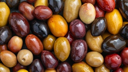 Fototapeta premium A closeup shot of different types of olives used for making olive oil each with its own unique color and shape.