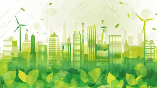 An illustration of energy efficiency in a modern cityscape, showcasing eco - friendly buildings with low power consumption, symbolizing green business practices and sustainable investments